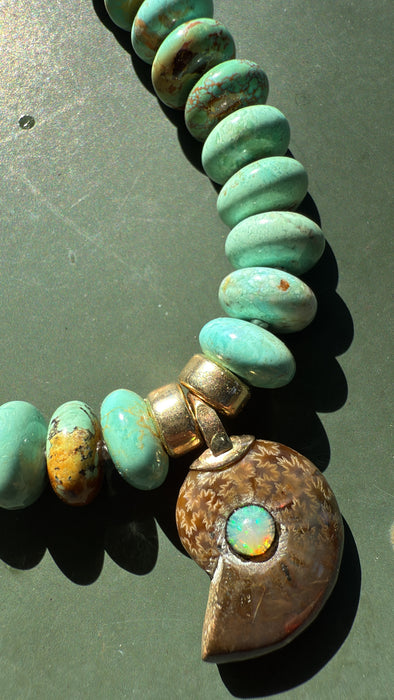 ONE OF A KIND TURQUOISE AND OPALIZED AMMONITE FOSSIL PENDANT