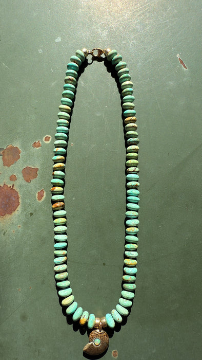 ONE OF A KIND TURQUOISE AND OPALIZED AMMONITE FOSSIL PENDANT