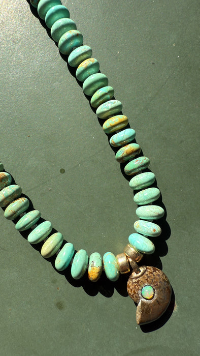 ONE OF A KIND TURQUOISE AND OPALIZED AMMONITE FOSSIL PENDANT