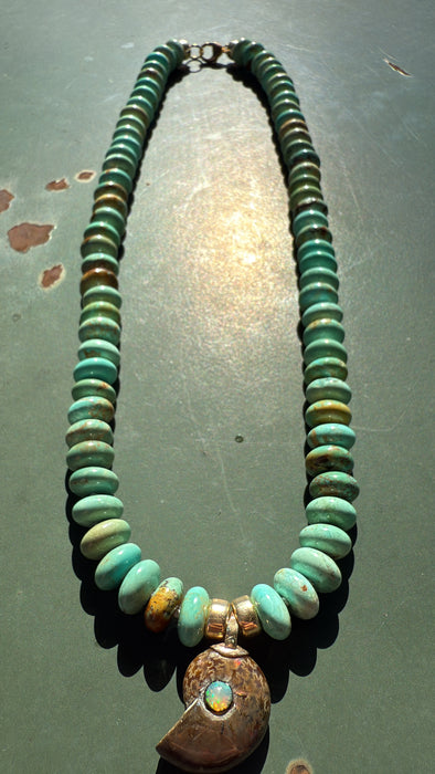 ONE OF A KIND TURQUOISE AND OPALIZED AMMONITE FOSSIL PENDANT