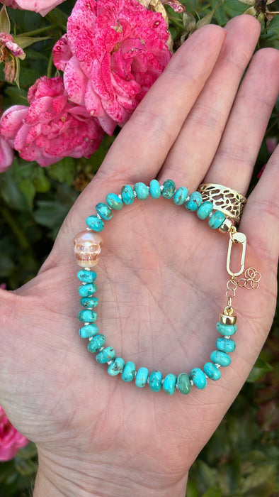 ONE OF A KIND BLUE TURQUOISE WITH PINK SKULL PEARL (7"-8.25")